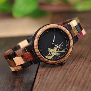 Lovers' Casual Quartz Elk Design Natural Wooden Watches with Mixed Colorful Wood Band