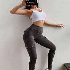 Solid High Waist Push Up Polyester Workout Fitness Women Leggings With Pocket