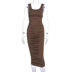 Women Fashion Ruched Sleeveless Skinny Hot Midi Dress