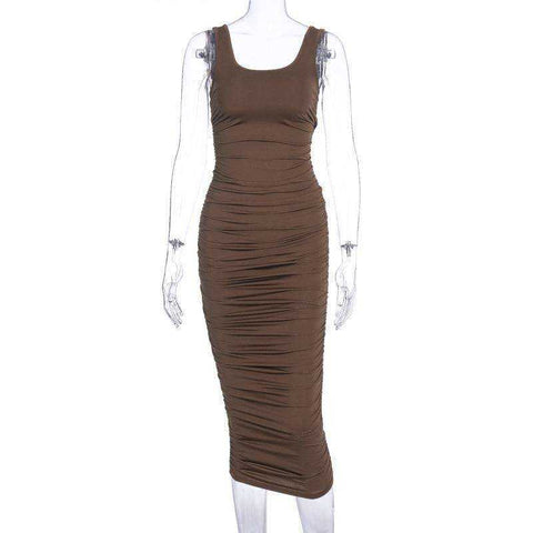 Image of Women Fashion Ruched Sleeveless Skinny Hot Midi Dress