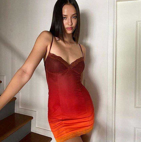 Image of Fashionable Sexy V Neck Spaghetti Straps Gradient Color Women Mini Dress