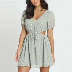 Polka Dot Green Chiffon Hollow Out Drawstring Waist Mini Dress