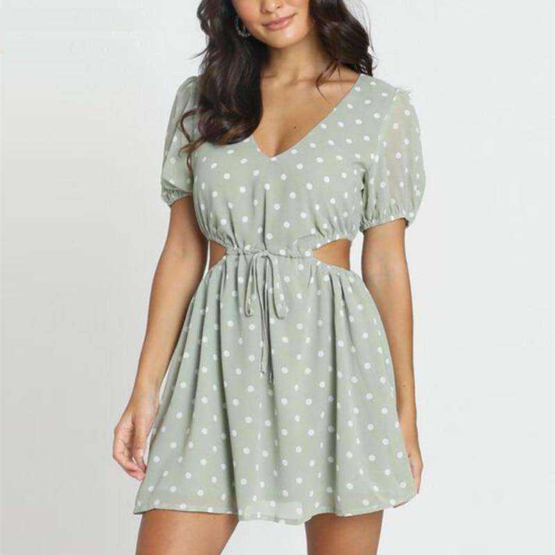 Polka Dot Green Chiffon Hollow Out Drawstring Waist Mini Dress