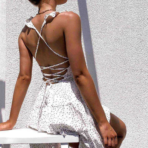 Image of Polka Dot White Women's Summer Sundress Ruffle Backless Party Dress