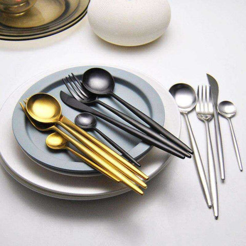 Image of Stainless Steel Black Gold Fork Knife Spoon Tableware Set