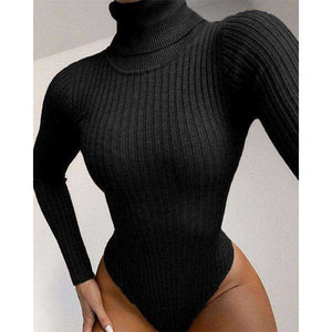 Long Sleeve Winter Clothing Ribbed Knitted Turtleneck Bodysuit Women
