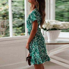 Sexy V Neck Floral Print Boho Beach Dress Ruffle Short Sleeve Sundress