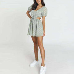 Polka Dot Green Chiffon Hollow Out Drawstring Waist Mini Dress