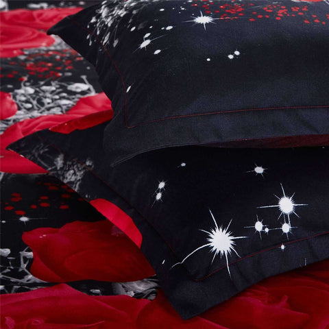 Image of Big Red Flowers Rose Black Luxury Bed Linen Duvet Cover Sets
