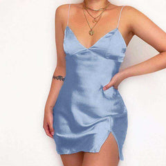 Satin V-Neck Spaghetti Strap Split Hem Mini Dresses