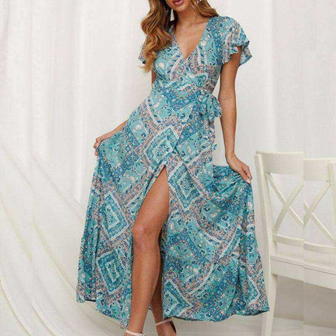 Image of V Neck Aesthetic Sundress Floral Print Boho Long Sleeve Dress Deep Split Maxi