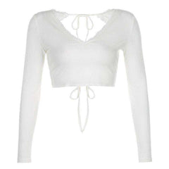 Knitted Women's Longslive V Neck White T-Shirts