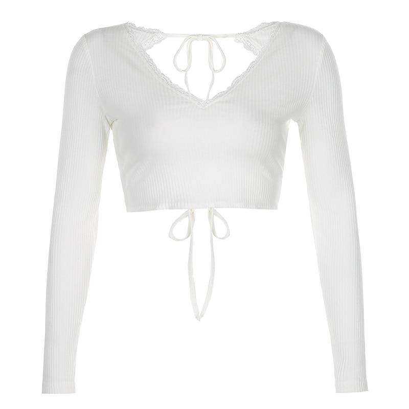 Knitted Women's Longslive V Neck White T-Shirts
