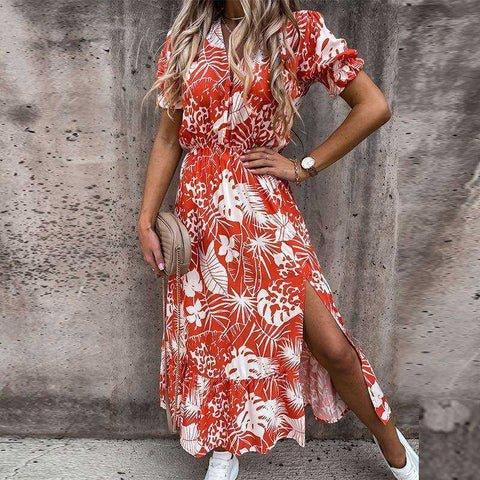 Image of Summer Sexy Fashion Slim Button V Neck Elegant Gorgeous Floral Print A-Line Short Sleeve Slit Long Dress