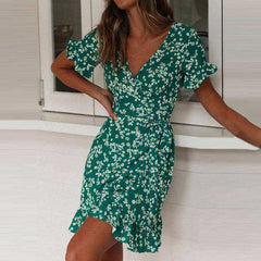 Sexy V Neck Floral Print Boho Beach Dress Ruffle Short Sleeve Sundress