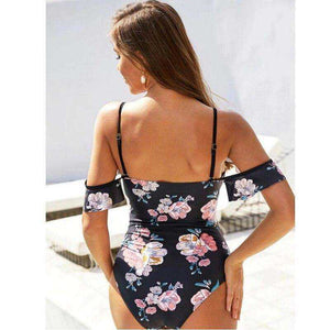 Sexy Black Floral Front Tie High Waist Off Shoulder Swimsuit Monokini One Piece
