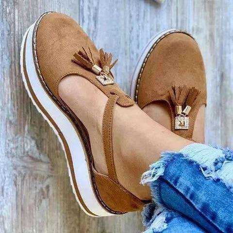 Women Flat Shoes Thick Sole Platform Fringe Spring Tassels