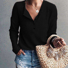 Women Fashion V-neck Solid Color Knitted Long Sleeve T-shirt Fall Clothes