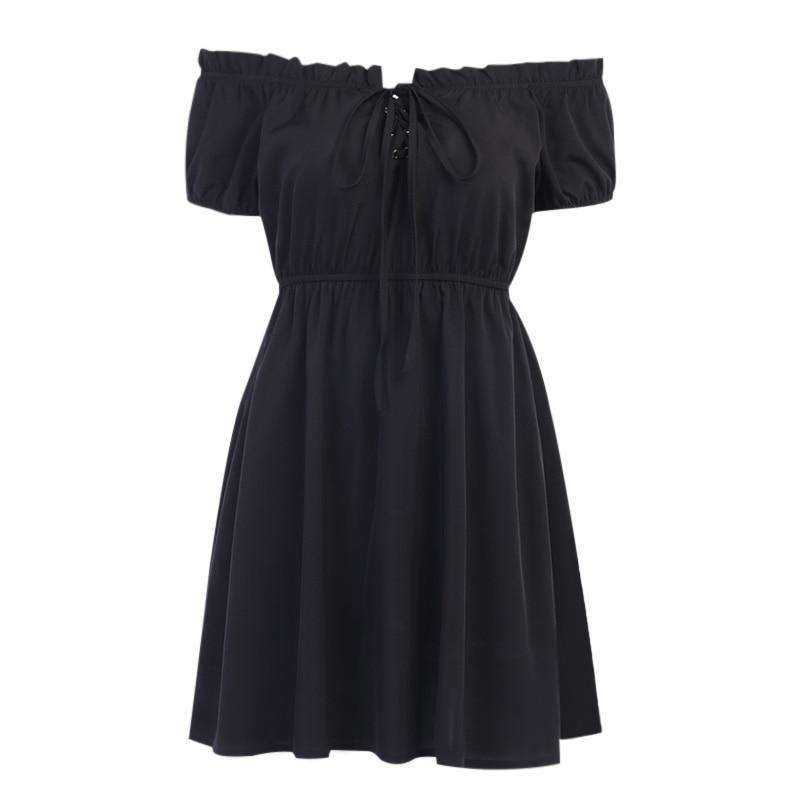 Sexy Gothic High Waist Off Shoulder Solid Black Casual Dress