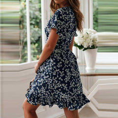 Sexy V Neck Floral Print Boho Beach Dress Ruffle Short Sleeve Sundress