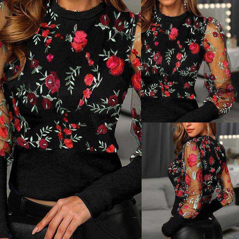 Image of Women Embroidered Floral Long Sleeve Blouse