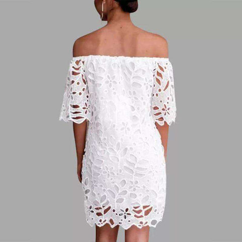 Image of Women's Lace Crochet Boat Neck Off Shoulder Short Sleeve White Dress