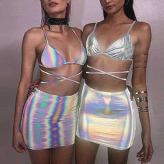 Silver Glitter Lace-Up Camisole Skirts Set