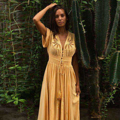Embroidery Lace Up V Neck Boho Maxi Long Dress