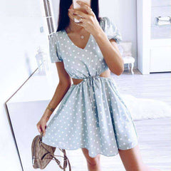 Polka Dot Green Chiffon Hollow Out Drawstring Waist Mini Dress
