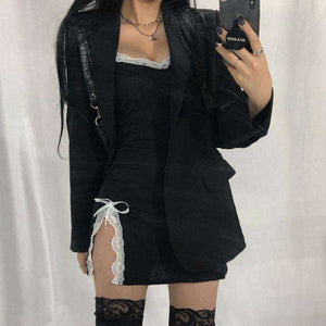 Sexy Lace Patchwork Black Mini Gothic Streetwear Slit Dress