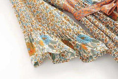 Vintage Floral Print  Single Breasted Bohemian Maxi Dress