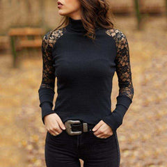 Spring and Autumn Women Knitted Lace Turtleneck Pullover Knitwear Femme Tops