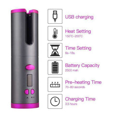Black-Pink Cordless Auto Rotating Ceramic Hair Curler USB Rechargeable