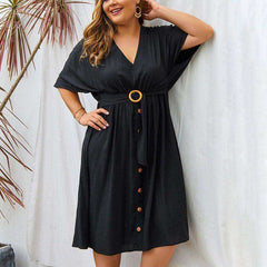 Women Autumn Plus Size 4XL V Neck Pure Color Full Sleeve Dress