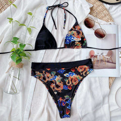 Women Sexy Cut Out Patchwork High Waist Purple Leopard Bikini  Swimwear
