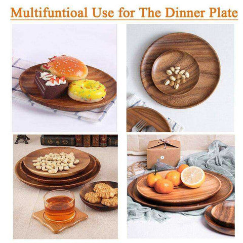 Image of Round Solid Wood Plate Whole Acacia Wood Tableware Set