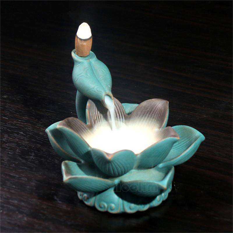 Ceramics LED Lotus Incense Burner Aroma Smoke Waterfall Fountain Censer