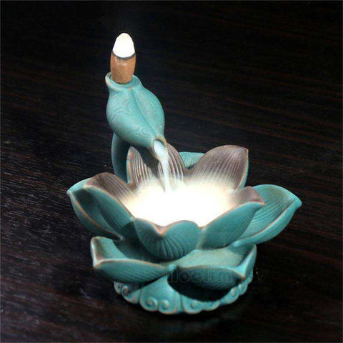 Image of Ceramics LED Lotus Incense Burner Aroma Smoke Waterfall Fountain Censer
