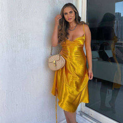 Women's Satin Side Split Square Collar Sleeveless Dress