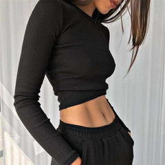 O Neck Ribbed Long Sleeve Tees Shirt Sexy Cropped Women