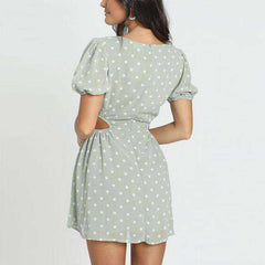 Polka Dot Green Chiffon Hollow Out Drawstring Waist Mini Dress