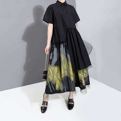 Painted Style Women Black Long Shirt Casual Dress