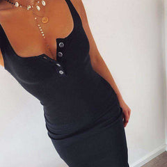 Knitted Elastic V-Neck Button Sleeveless Knee-Length Slim Dress