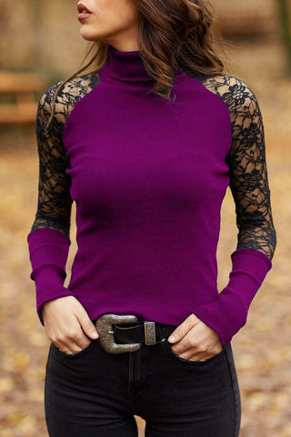 Image of Spring and Autumn Women Knitted Lace Turtleneck Pullover Knitwear Femme Tops