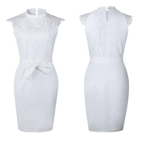 Image of White Lace Slim Pencil O-Neck Women Midi Dress