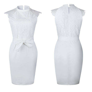 White Lace Slim Pencil O-Neck Women Midi Dress