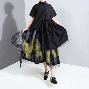 Painted Style Women Black Long Shirt Casual Dress