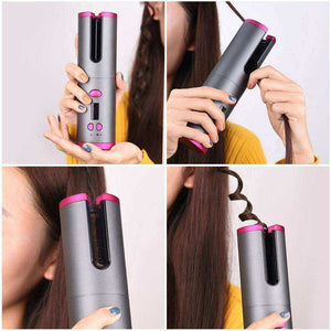 Black-Pink Cordless Auto Rotating Ceramic Hair Curler USB Rechargeable
