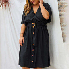 Women Autumn Plus Size 4XL V Neck Pure Color Full Sleeve Dress