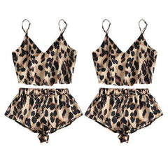 V-Neck Crop Top Drawstring Wide Leg Shorts Leopard Printed Loungewear